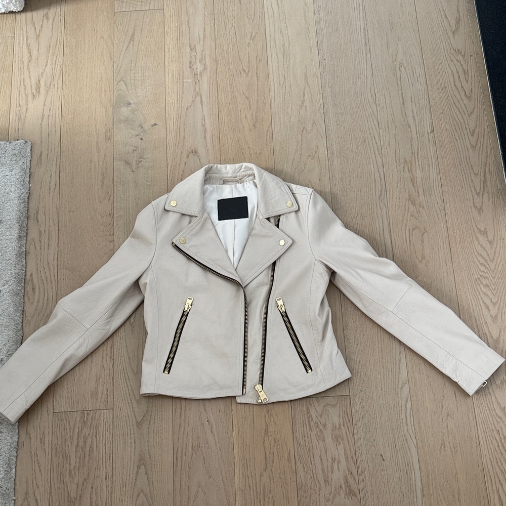 All Saints Cream Leather Jacket with Gold Accents